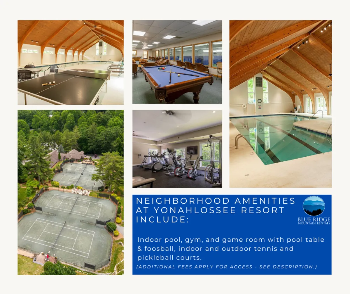 A vibrant, multi-purpose amenity area showcasing a ping pong table, a pool table, an indoor swimming pool, visible gym equipment, as well as glimpses of tennis and pickleball courts. The space is active, filled with energy, and clearly designed for group recreation and fitness.